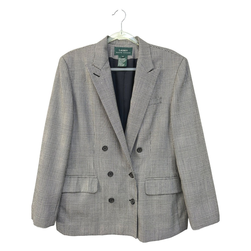 VTG Lauren Ralph Lauren Glen Plaid Blazer 14 Double Breasted Wool 90s Oversized